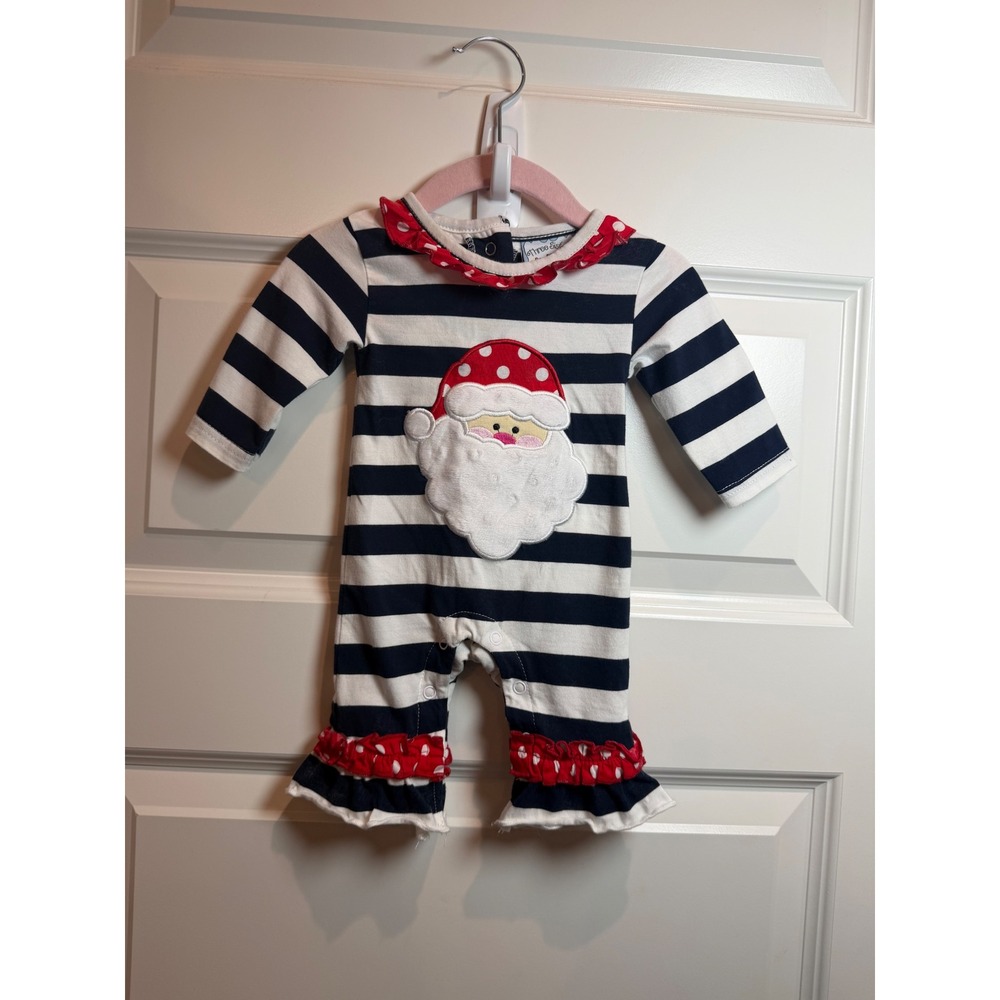 Three Sisters Baby Girl Santa Romper Navy White Striped Ruffle Christmas NB